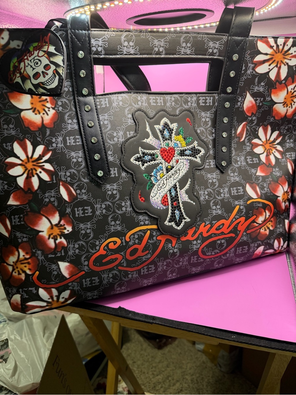 Ed Hardy Large Black Floral Tote NWT